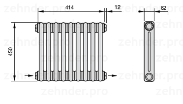 Схема (чертеж) Радиатор Zehnder Charleston 2045/9 №2670 Белый глянцевый RAL 9016